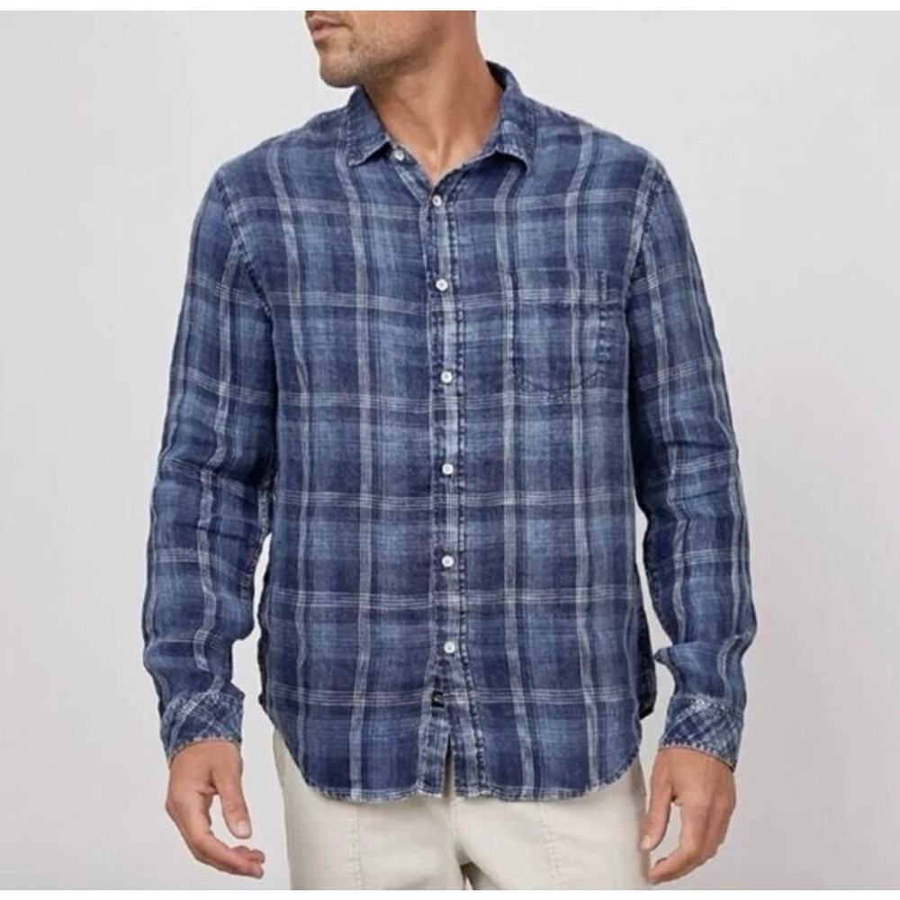 100% Linen Plaid Blue Lightweight Summer Rails Button-Up Shirt Casual- Size M